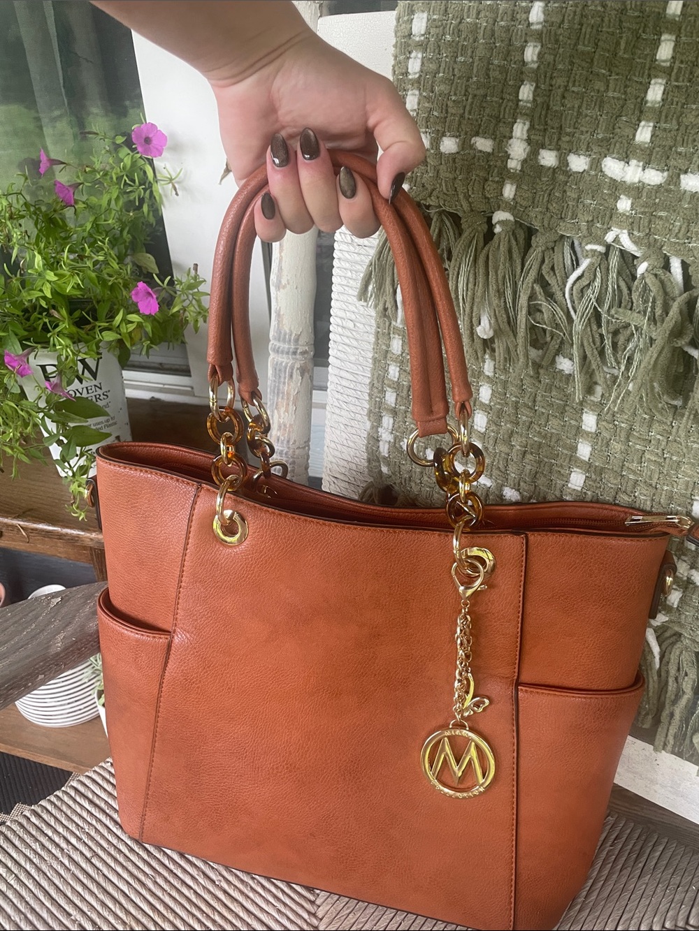 Structured Tan Shoulder Tote with Gold Monogram Charm